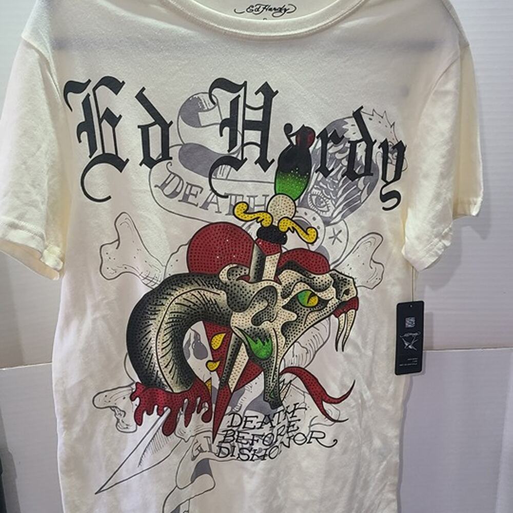 Ed Hardy Snake Dagger Rhinestone Graphic Tee White Small NWT
